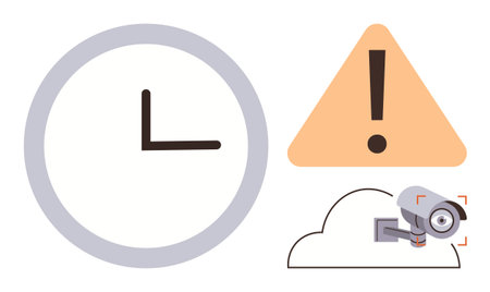 Clock, warning triangle, and surveillance camera on a cloud underline time-sensitive security, alert...