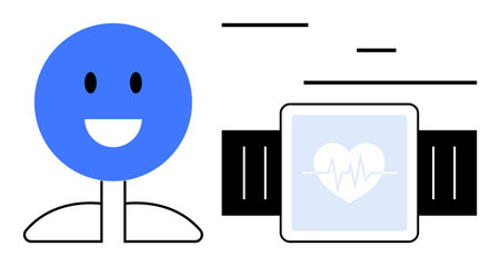 Blue smiling face and minimalist smartwatch with heartbeat icon. Ideal for health, fitness, wellness, happiness, technology, self-care, simple landing pageのイラスト素材