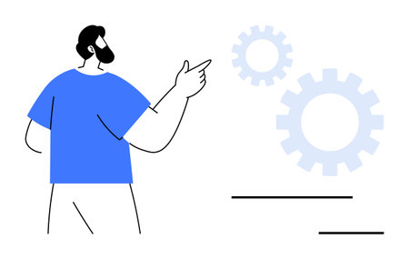 Person pointing at large gears suggesting innovation, teamwork, and process development. Ideal for teamwork, technology, efficiency, workflow, innovation productivity and strategy. Simple flatのイラスト素材