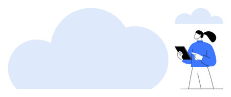 Woman holding tablet next to blue cloud, representing cloud computing, data storage, and technology solutions. Ideal for technology, innovation, digital transformation, data sharing, cloud servicesのイラスト素材