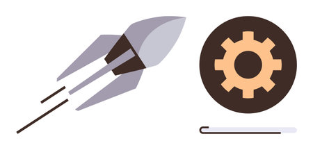 Rocket lifting off alongside gear symbol conveying progress, innovation, and technology-driven growth. Ideal for startup, strategy, engineering, innovation, development, teamwork simple flatのイラスト素材