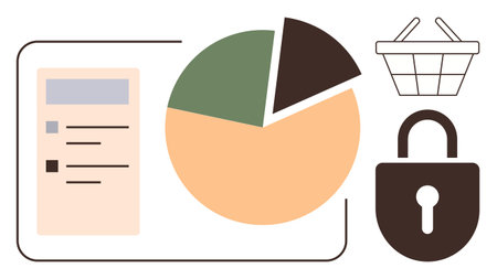 Pie chart, list, shopping basket, and lock convey themes of data analysis, shopping trends, security management, and consumer behavior. Ideal for business, marketing e-commerce privacy analyticsのイラスト素材