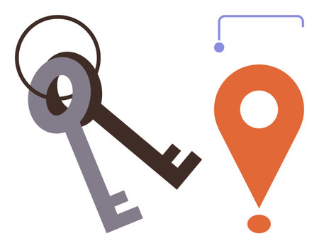Two keys and a location marker combined with a flowline suggest access, security, and destination. Ideal for navigation, security, real estate, travel, logistics guidance and safety themes. Simpleのイラスト素材