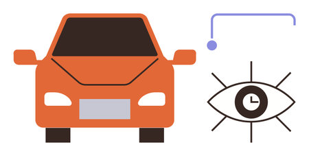 Orange car alongside clock-integrated eye symbolizing autonomous driving, time management, and efficiency. Ideal for automation, innovation, technology, mobility, smart cities, transportation modernのイラスト素材