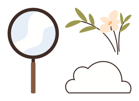 Magnifying glass with brown handle, delicate flower with leaves, and minimal cloud shape. Ideal for exploration, nature, focus, growth, mindfulness education designs. Simple flat metaphorのイラスト素材