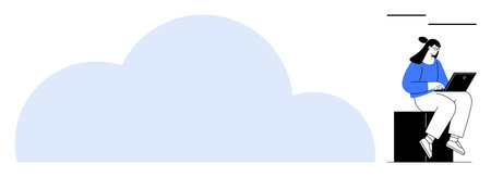Woman typing on a laptop while sitting beside a large cloud graphic. Ideal for remote work, digital storage, online collaboration, creativity, technology, cloud computing, simple flat metaphorのイラスト素材