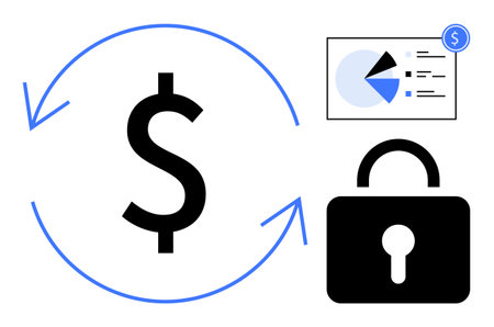 Dollar sign in circular arrows represents currency flow, graphical chart for analytics, and a secured padlock signifies financial safety. Ideal for banking, finance, investment, savings, securityのイラスト素材