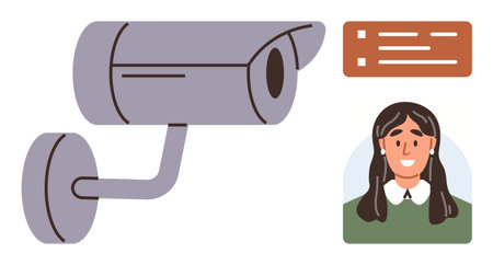 Surveillance camera observing individual with ID card verification. Ideal for security, privacy, technology, monitoring, access control, identification, data safety. Minimalist flat metaphorのイラスト素材
