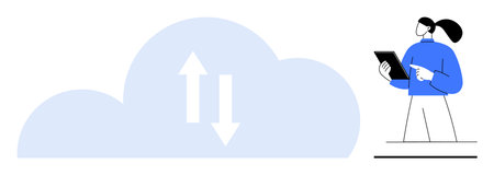 Woman holding tablet stands near cloud icon with double arrows symbolizing data transfer. Ideal for cloud computing, data storage, technology, software, IT services, digital collaboration, simpleのイラスト素材