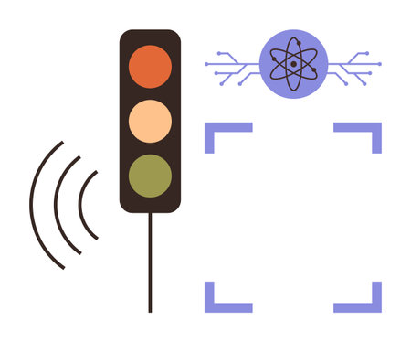 Traffic light with sensor waves, AI atom icon, and digital interface concept. Ideal for smart city, AI, IoT, automation, technology traffic management innovation. Simple flat metaphorのイラスト素材