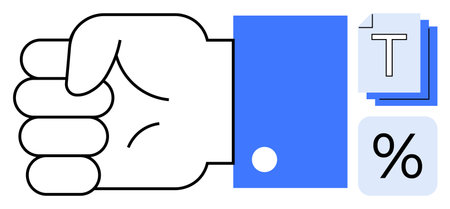 Closed fist next to stack of documents and percent symbol representing communication, calculations, determination, teamwork, data processing, goal achievement, and decision-making. Ideal for simpleのイラスト素材