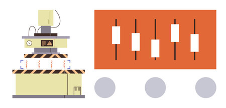 Industrial machine with control box, warning labels, and control panel for adjustments. Ideal for technology, automation, engineering, manufacturing, process control settings innovation. Simpleのイラスト素材