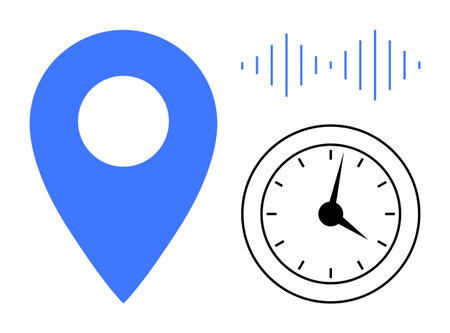 Blue location pin, analog clock, soundwave representing time, location, and communication. Ideal for navigation, scheduling, productivity, analytics logistics mobility and connectivity in a simpleのイラスト素材