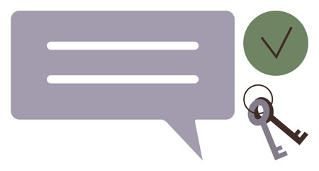 Speech bubble with lines, vintage key, and green checkmark symbolizing secure communication, encryption, privacy, and trust. Ideal for cybersecurity, data protection, messaging securityのイラスト素材