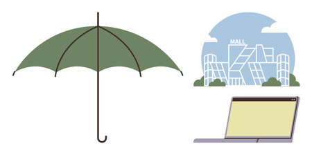 Green umbrella representing protection, shopping mall as commerce hub, and laptop symbolizing technology and connectivity. Ideal for weather, shopping, tech services, business, safety, modernのイラスト素材