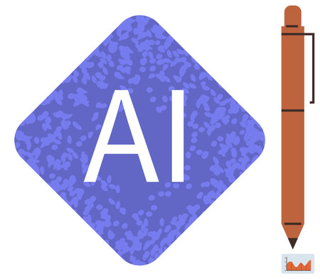 Purple geometric shape with AI text, orange pen with graph icon. Ideal for technology, education, analytics, creativity, innovation, artificial intelligence, simple flat metaphorのイラスト素材
