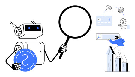 Robot holding magnifying glass and coin while man examines search bar financial graphs, currency, data. Ideal for technology, AI, finance, research, analytics automation strategy. Simple flatのイラスト素材