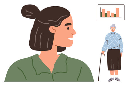 Close-up of a smiling young woman, an elderly woman using a cane, and a bar chart. Ideal for intergenerational connection, caregiving, aging, support, community, demographic studies simple flatのイラスト素材