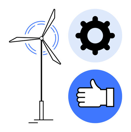 Wind turbine generating energy, gear symbolizing technology, thumbs-up for sustainability. Ideal for renewable energy, eco-innovation, technology, green solutions, environmental impact, teamworkのイラスト素材