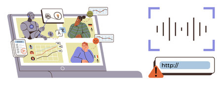 Laptop with AI assistant, charts, people, and audio wave. Alert near URL bar. Ideal for AI,...