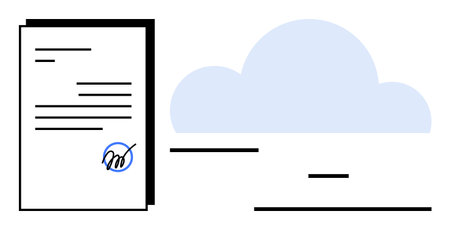 Document with signature icon next to cloud, representing digital document signing, online storage, and secure data integration. Ideal for remote work, workflow, collaboration, data security, legalのイラスト素材