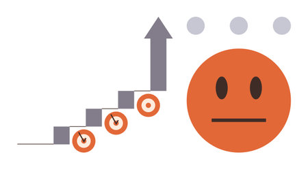 Stepped chart with targets and upward arrow beside neutral face. Ideal for growth, success, challenge, efficiency, performance analysis, goal tracking, self-assessment. Simple flat metaphorのイラスト素材