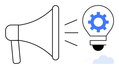 Megaphone emitting sound toward light bulb with gear, representing innovation, communication, and problem-solving. Ideal for marketing, collaboration, technology, teamwork, brainstorming creativityのイラスト素材