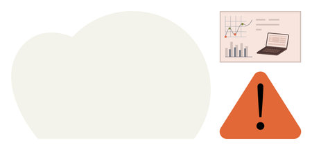 Chart and graphs on laptop screen symbolize data analysis. Orange caution triangle emphasizes risk. Ideal for business, strategy, forecasting, problem-solving, decision-making, alerts, warningのイラスト素材