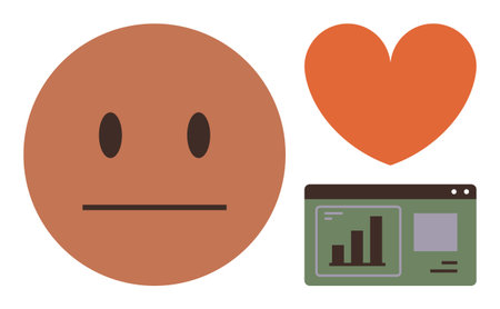Brown neutral face beside orange heart and green analytics dashboard. Ideal for empathy, human connection, data interpretation, emotional intelligence, online communication, social behavior, simpleのイラスト素材