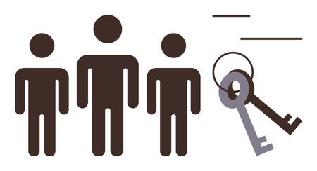 Three human figures accompanied by keys, representing partnership, teamwork, decision-making, and shared responsibility. Ideal for leadership, collaboration, access, solutions success diversityのイラスト素材