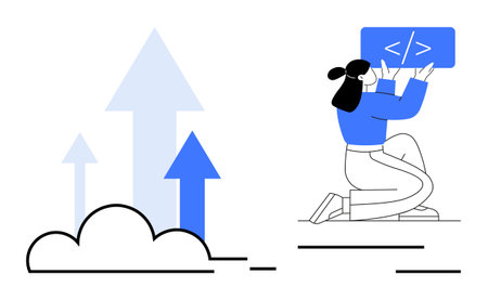 Cloud, upward arrows, coding tablet, kneeling woman. Ideal for technology, innovation, growth, learning education development digital strategies. Perfect for simple landing pageのイラスト素材