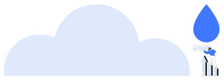 Large cloud with blue water droplet beside a man studying analytics on graph bars. Ideal for data storage, cloud computing, environmental awareness, sustainability, innovation, progress, digitalのイラスト素材