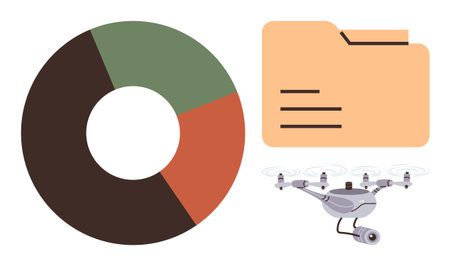 Pie chart, file folder, and drone with camera representing data collection, analysis, and storage. Ideal for analytics, technology, research, surveillance digital storage futuristic conceptsのイラスト素材