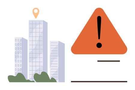 Modern skyscrapers with a location marker alongside a warning triangle highlighting risk, caution, or safety. Ideal for urban safety, alert systems, risk management, navigation, caution, attentionのイラスト素材