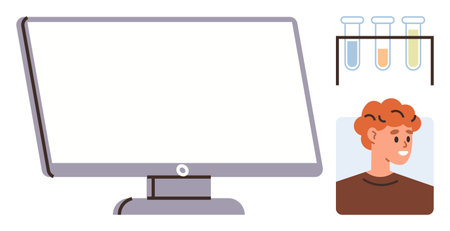 Computer monitor, colorful test tubes on rack, smiling student portrait. Ideal for education, e-learning, innovation, digital interaction, online studies STEM subjects personal growth. Simple flatのイラスト素材