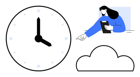 Large clock conveying time awareness, woman holding clipboard gesturing toward task completion, and cloud symbolizing technology. Ideal for productivity, scheduling, teamwork, deadlinesのイラスト素材