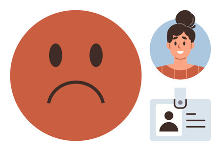 Sad face emoticon next to female avatar and ID badge. Ideal for identity, emotion, workplace, HR, evaluation, personal data, and user profiles. A minimal flat metaphorのイラスト素材