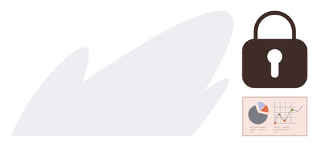 Lock icon representing security placed next to a data chart with graphs and pie visuals. Ideal for cybersecurity, analytics, privacy, protection, data, business, safety. Simple flat metaphorのイラスト素材