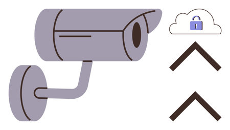 CCTV camera with cloud featuring padlock and upward arrows symbolizing security, privacy, storage,...