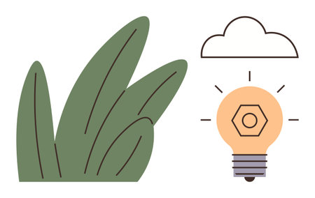 Green leaves paired with bright idea lightbulb below stylized cloud. Ideal for sustainability, eco-innovation, clean energy, technology, growth, eco-friendly solutions, environmental awarenessのイラスト素材