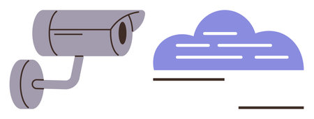 CCTV camera pointing towards abstract cloud with data lines symbolizing cloud storage, surveillance,...