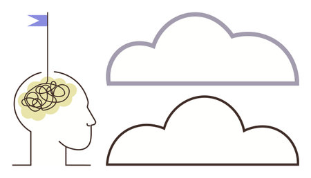 Head silhouette with tangled lines in brain, flag on top indicating goal, two clouds representing confusion versus clarity. Ideal for personal growth, mindset shift, transformation, focusのイラスト素材