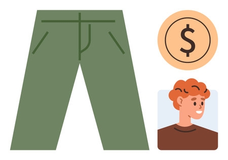 Green pants beside smiling person portrait and a dollar coin. Ideal for fashion, shopping, consumer behavior, pricing, savings, budgeting, product marketing. Minimal flat design metaphorのイラスト素材