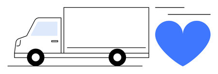 White delivery truck in motion next to blue heart symbol, evoking themes of fast shipping, emotional connection, and care. Ideal for logistics, e-commerce, service, transport, charityのイラスト素材