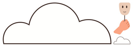 Large cloud outline with hand gripping a smiling face on a stick. Ideal for emotions, anonymity, technology, social media, self-expression, identity, psychological concepts. Clean simple flatのイラスト素材
