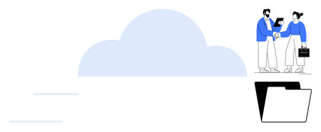 Professionals exchanging documents near a large cloud icon, showcasing teamwork and digital storage. Ideal for cloud computing, data sharing, collaboration, business, file management, digitalのイラスト素材