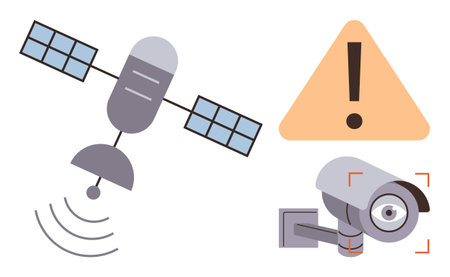 Satellite transmitting signals, triangular caution sign, and security camera evoke themes of data transmission, alert systems, and surveillance. Ideal for safety, risk, monitoring, technologyのイラスト素材