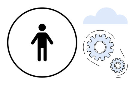 Minimal figure inside a circle beside gears and a cloud, representing innovation and systems. Ideal for technology, workflow, cloud computing, automation, management, human focus, simple flatのイラスト素材