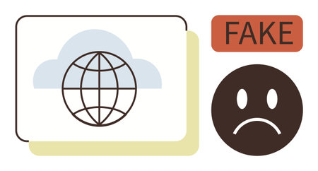 Globe symbol in overlapping cards under a cloud, next to Fake label and frowning face. Ideal for digital honesty, online fraud, misinformation, cybersecurity, fake content, ethical data use, simpleのイラスト素材