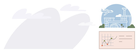 Airplane flying near airport terminal with control tower, analytics dashboard showing a chart and statistics. Ideal for travel, aviation, business, growth, data analysis, logistics tourism. Simpleのイラスト素材